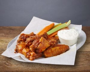 Image of Buffalo Chicken Wings, blue cheese, celery, carrots
